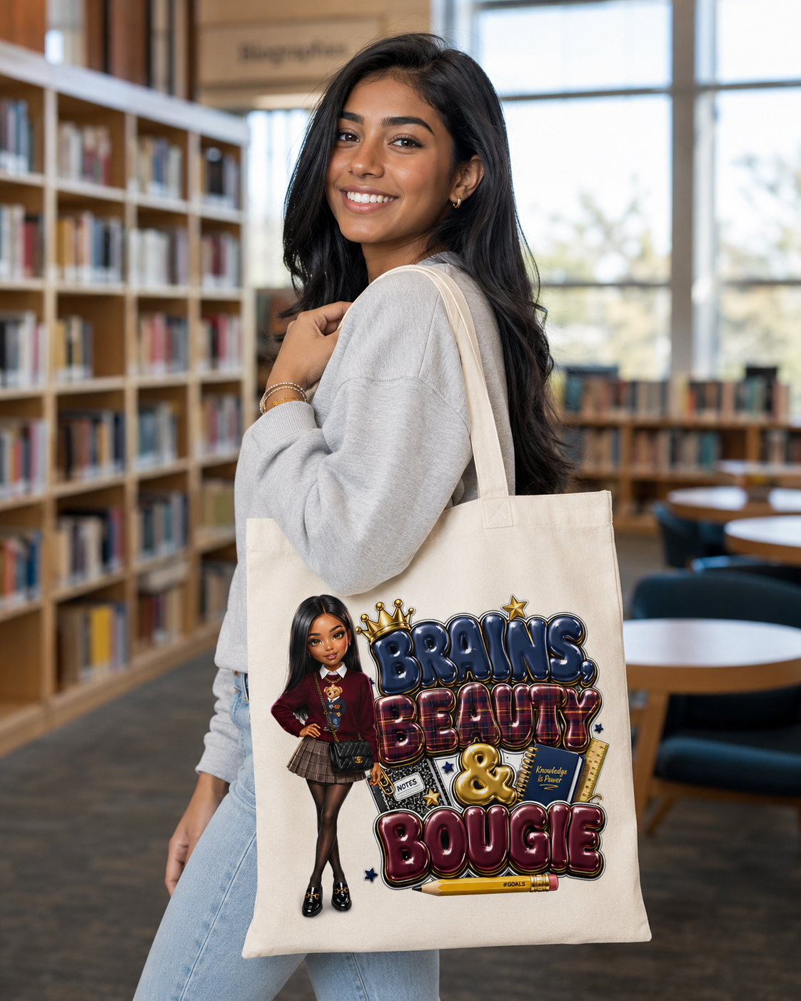 Brains, Beauty & Bougie Tote Bag — Chic Schoolgirl AOP Canvas Tote