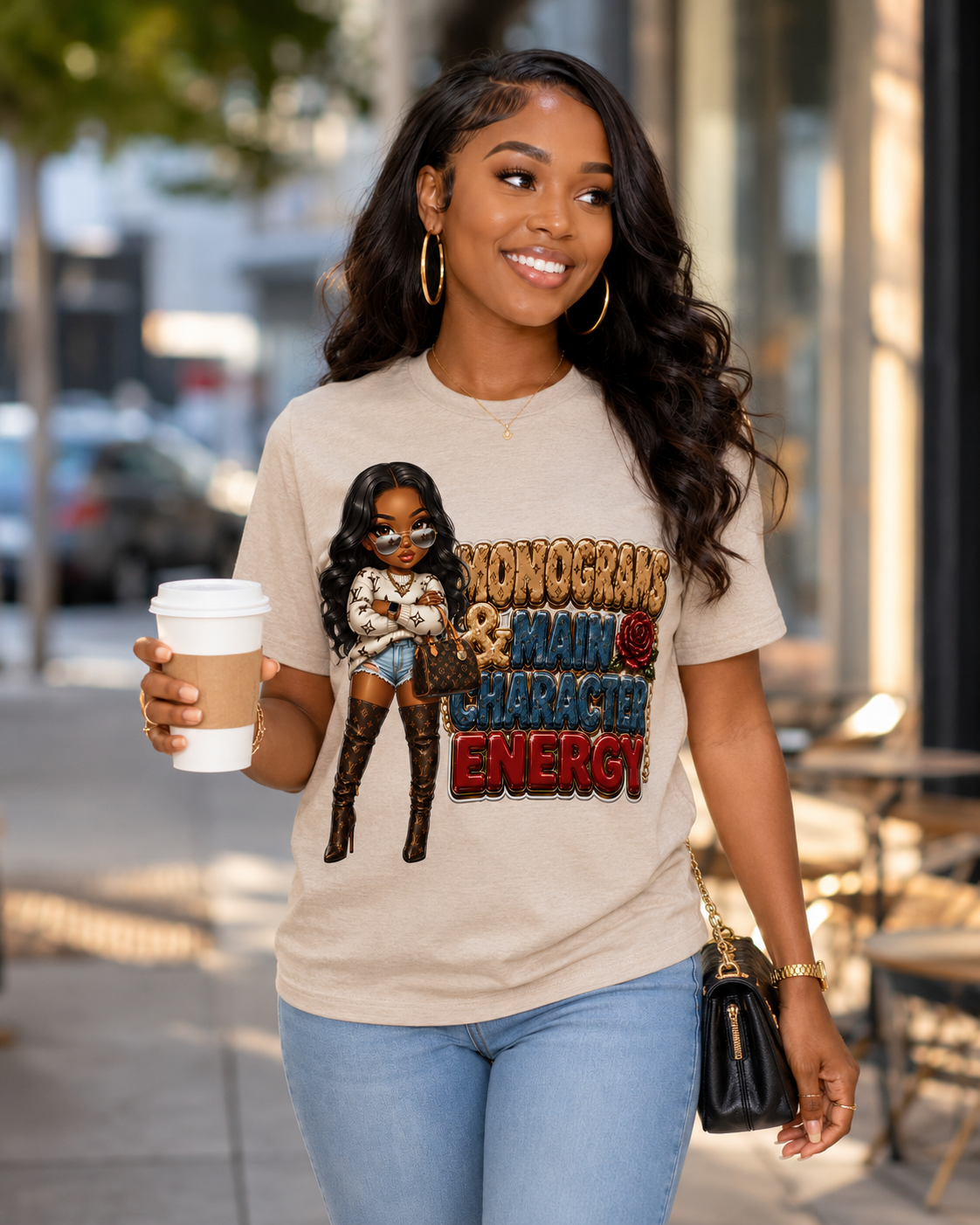 Graphic Tee — 'Momogran & Main Character Energy' Cartoon Girl Shirt
