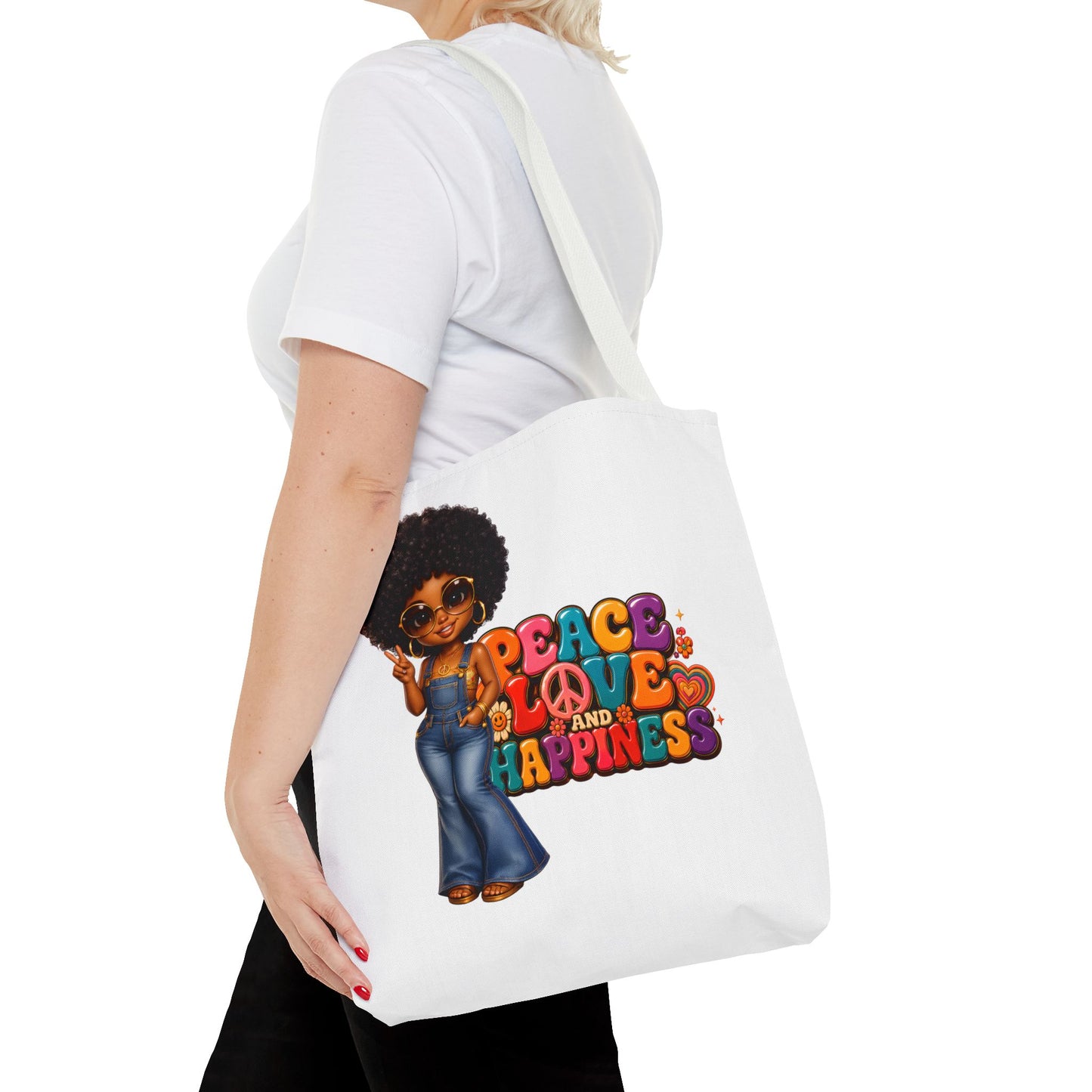Peace Love and Happiness Tote Bag — Retro 70s Afro Girl Graphic Tote