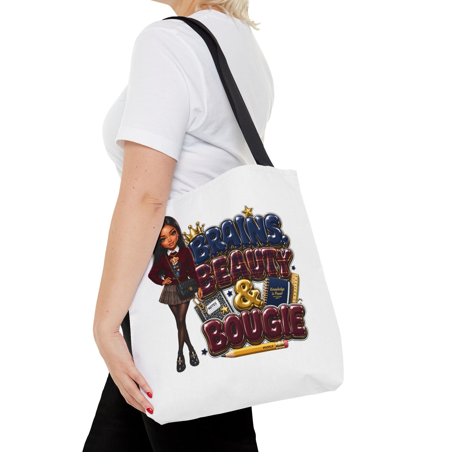 Brains, Beauty & Bougie Tote Bag — Chic Schoolgirl AOP Canvas Tote
