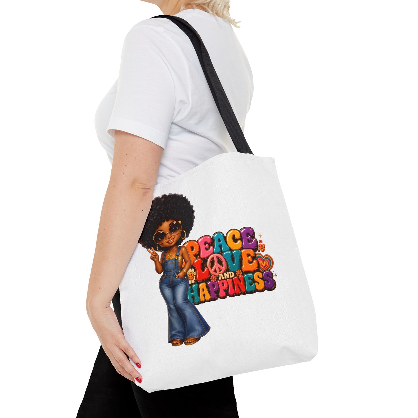 Peace Love and Happiness Tote Bag — Retro 70s Afro Girl Graphic Tote