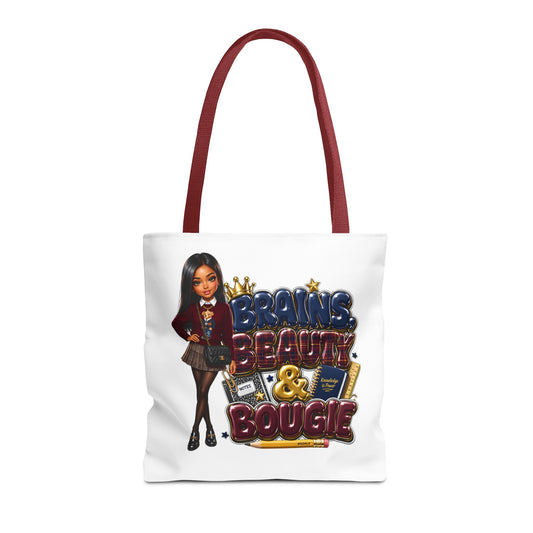 Brains, Beauty & Bougie Tote Bag — Chic Schoolgirl AOP Canvas Tote