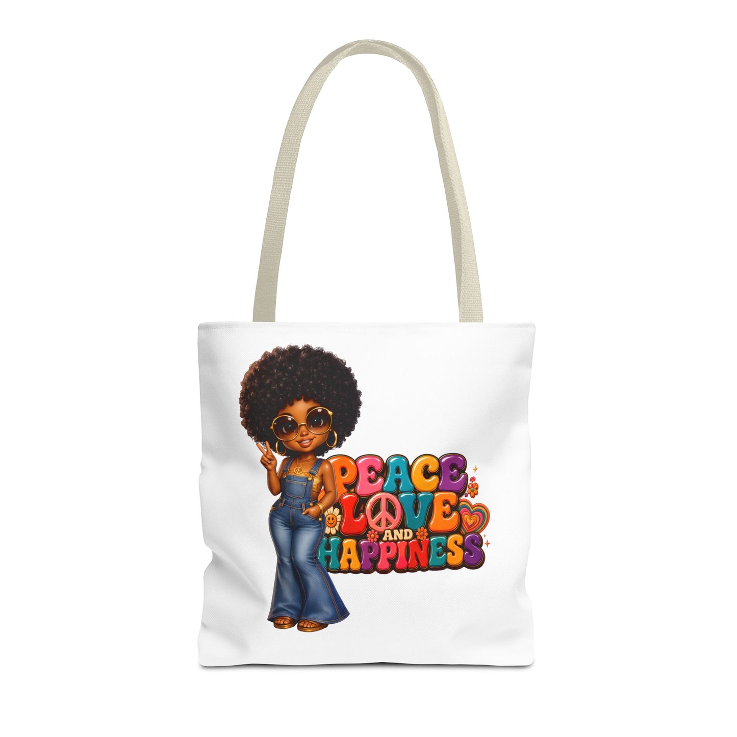 Peace Love and Happiness Tote Bag — Retro 70s Afro Girl Graphic Tote