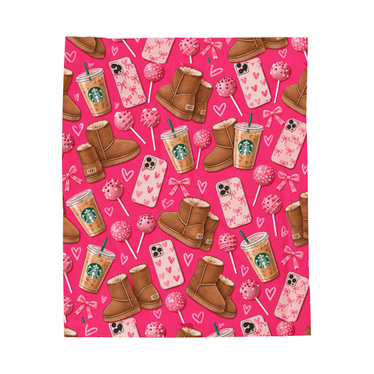 Pretty N Pink Blanket — Cozy Pink Pattern with Ugg Boots, Starbucks Cups & Heart Phone Cases (Valentine’s Gift)