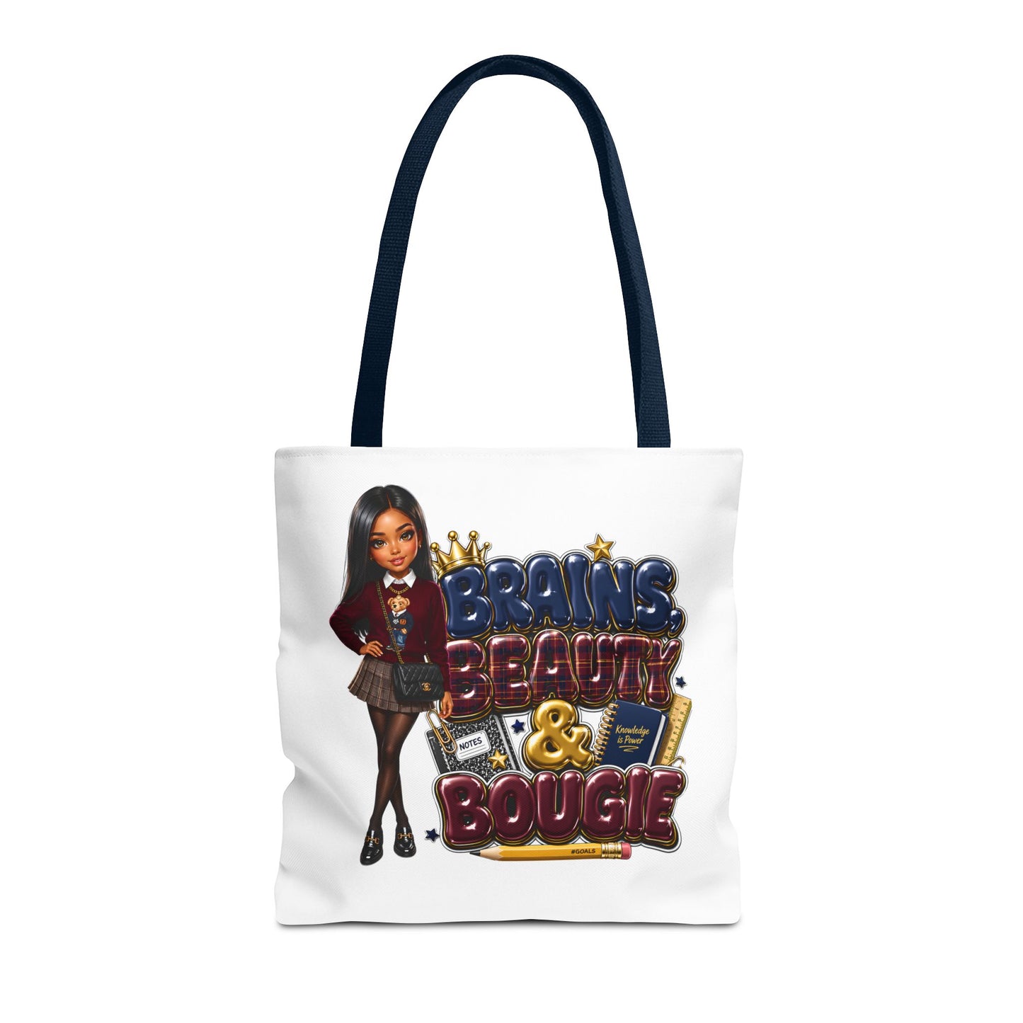 Brains, Beauty & Bougie Tote Bag — Chic Schoolgirl AOP Canvas Tote
