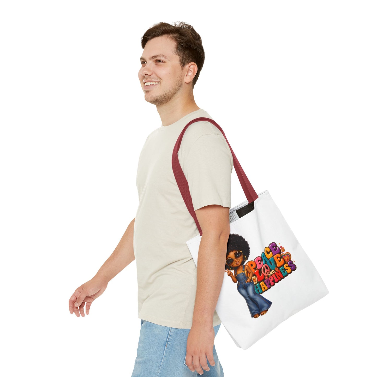 Peace Love and Happiness Tote Bag — Retro 70s Afro Girl Graphic Tote