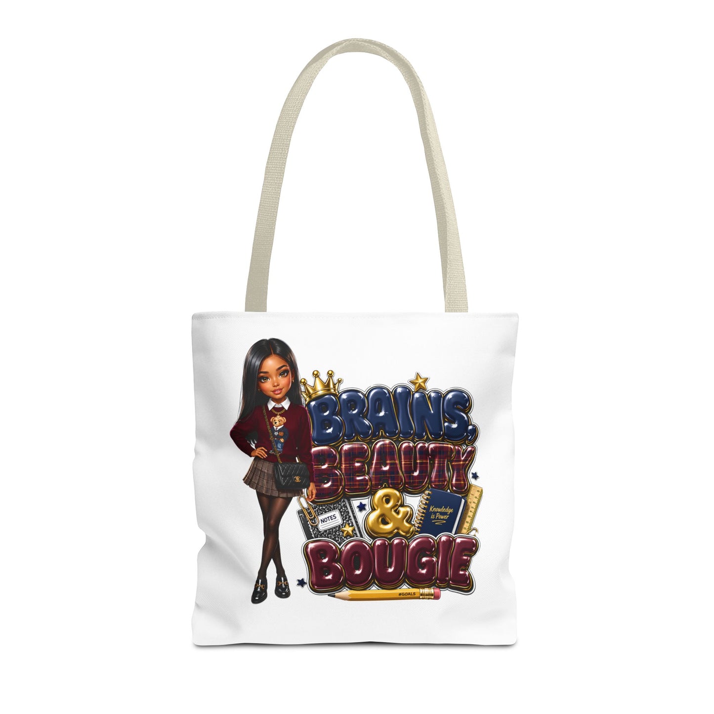 Brains, Beauty & Bougie Tote Bag — Chic Schoolgirl AOP Canvas Tote