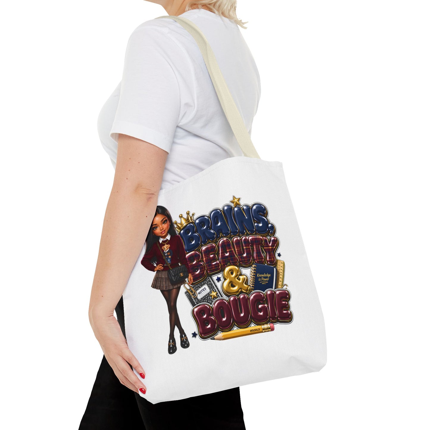 Brains, Beauty & Bougie Tote Bag — Chic Schoolgirl AOP Canvas Tote