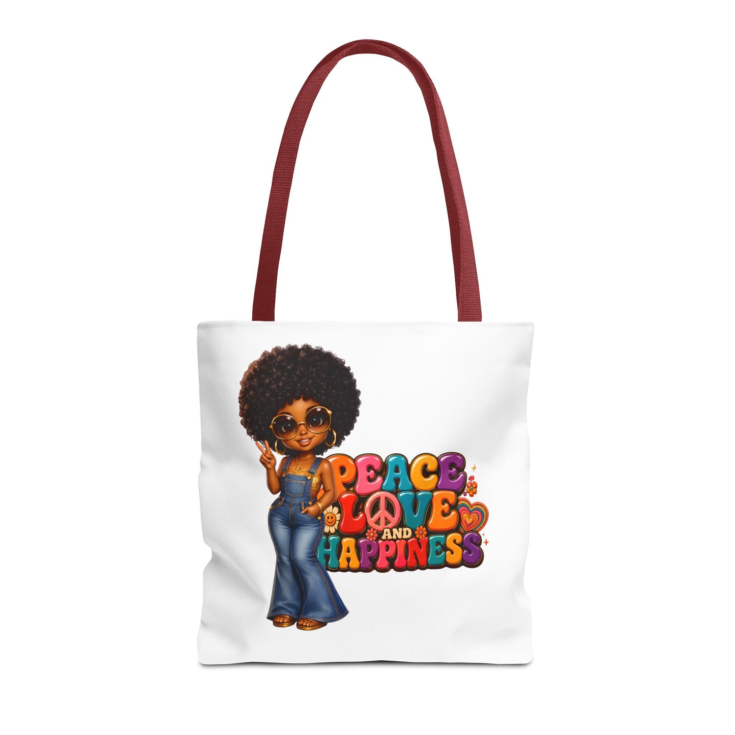 Peace Love and Happiness Tote Bag — Retro 70s Afro Girl Graphic Tote