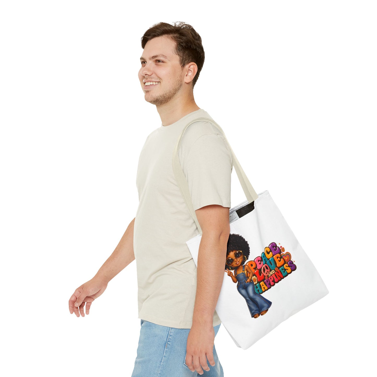 Peace Love and Happiness Tote Bag — Retro 70s Afro Girl Graphic Tote