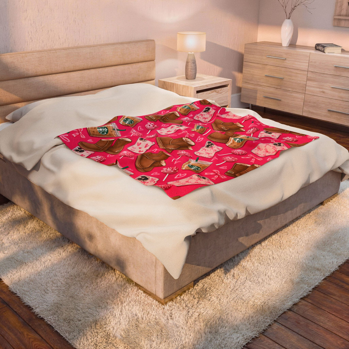 Pretty N Pink Blanket — Cozy Pink Pattern with Ugg Boots, Starbucks Cups & Heart Phone Cases (Valentine’s Gift)