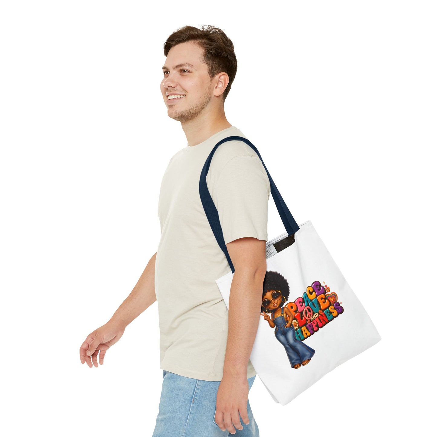 Peace Love and Happiness Tote Bag — Retro 70s Afro Girl Graphic Tote