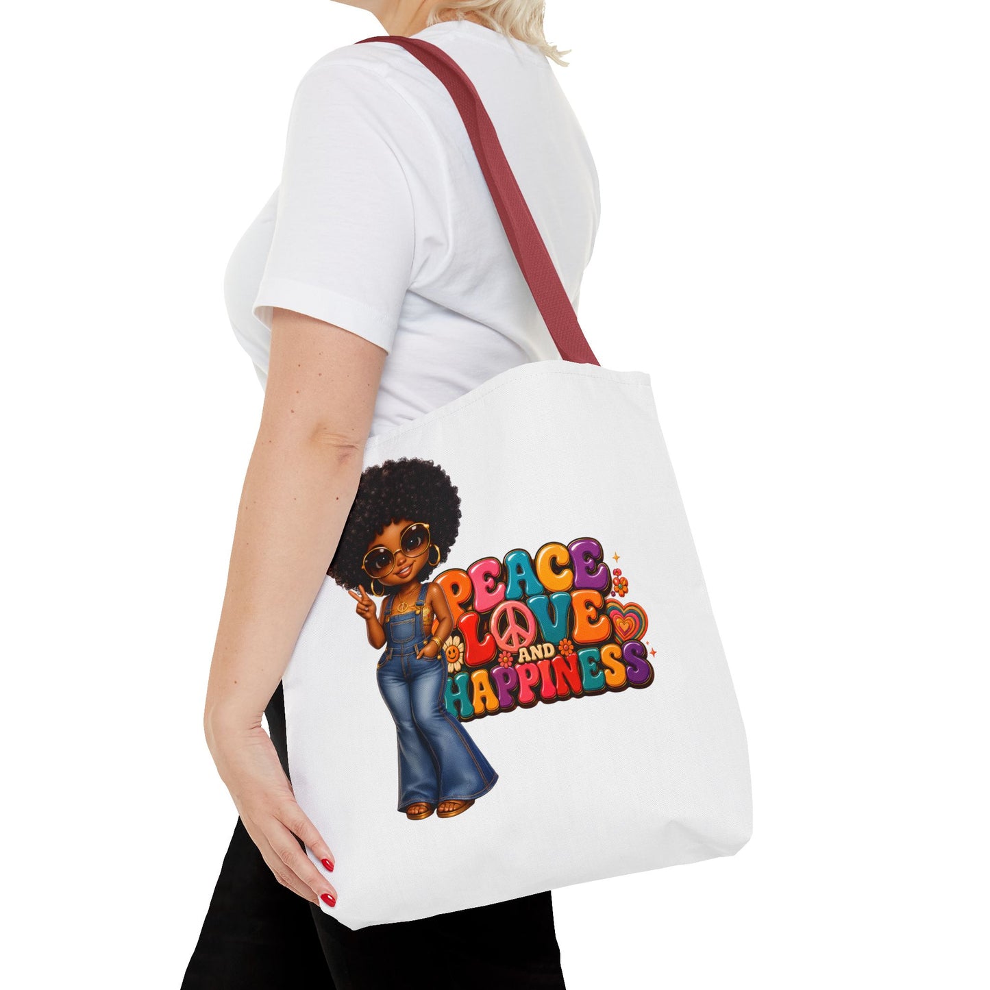 Peace Love and Happiness Tote Bag — Retro 70s Afro Girl Graphic Tote