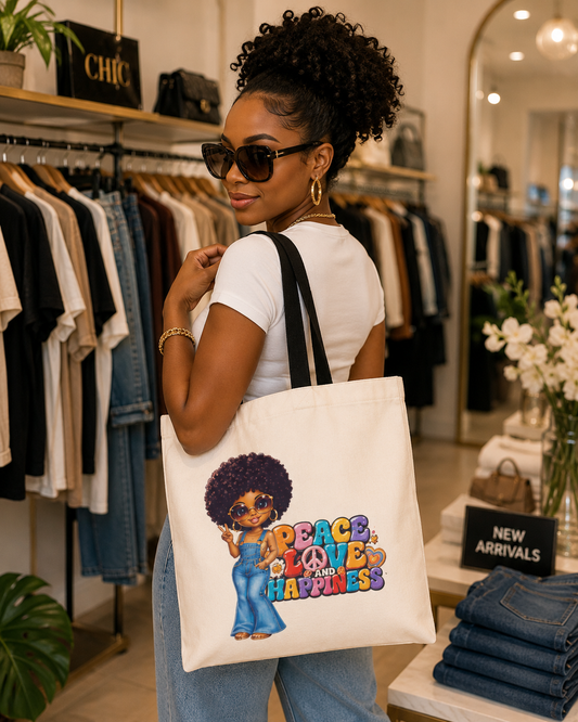 Peace Love and Happiness Tote Bag — Retro 70s Afro Girl Graphic Tote