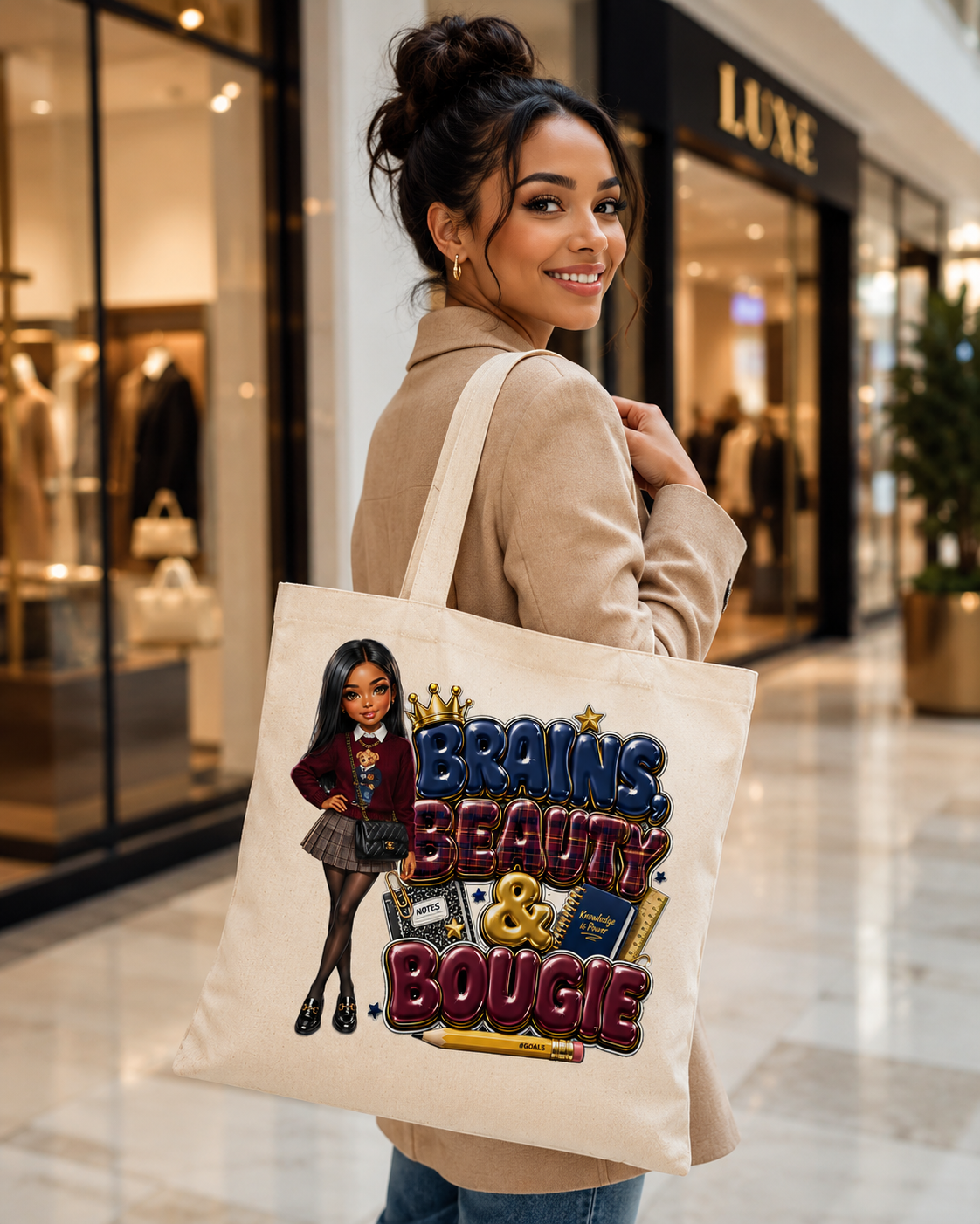 Brains, Beauty & Bougie Tote Bag — Chic Schoolgirl AOP Canvas Tote