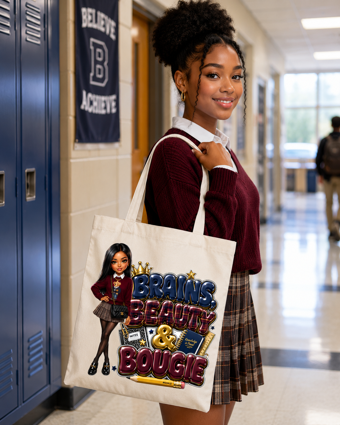 Brains, Beauty & Bougie Tote Bag — Chic Schoolgirl AOP Canvas Tote