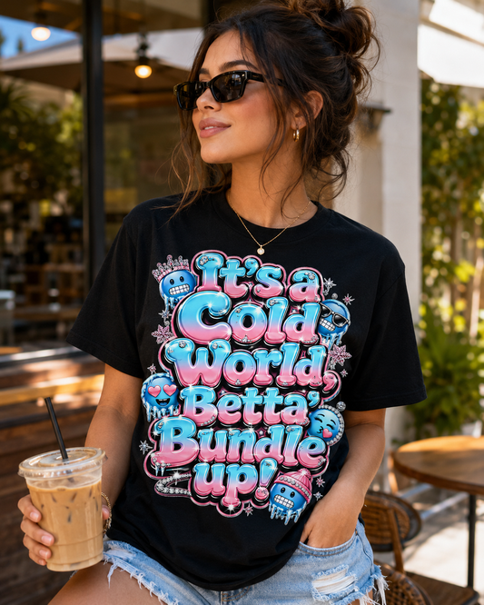 Cold World Graphic Tee — "It’s a Cold World, Betta Bundle Up!" Winter Streetwear T-Shirt