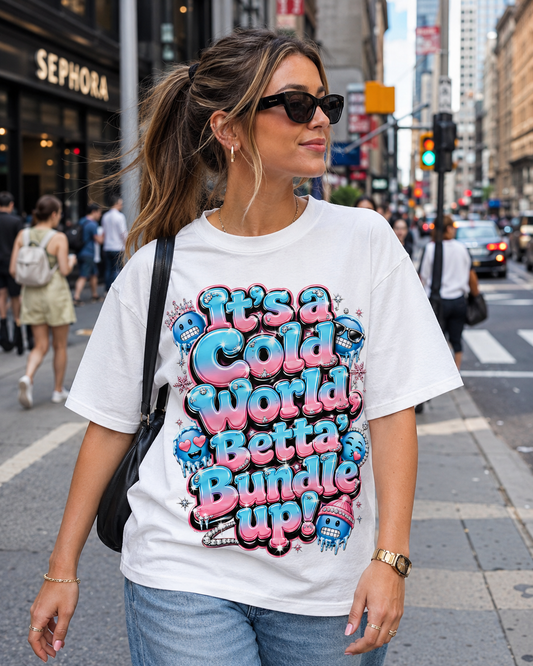 Cold World Graphic Tee — "It’s a Cold World, Betta Bundle Up!" Winter Streetwear T-Shirt