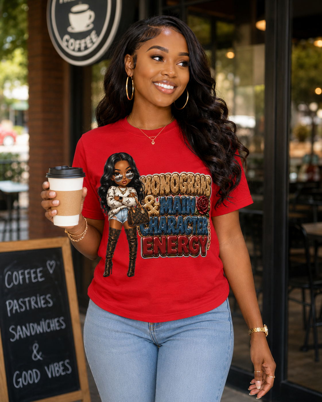 Graphic Tee — 'Momogran & Main Character Energy' Cartoon Girl Shirt