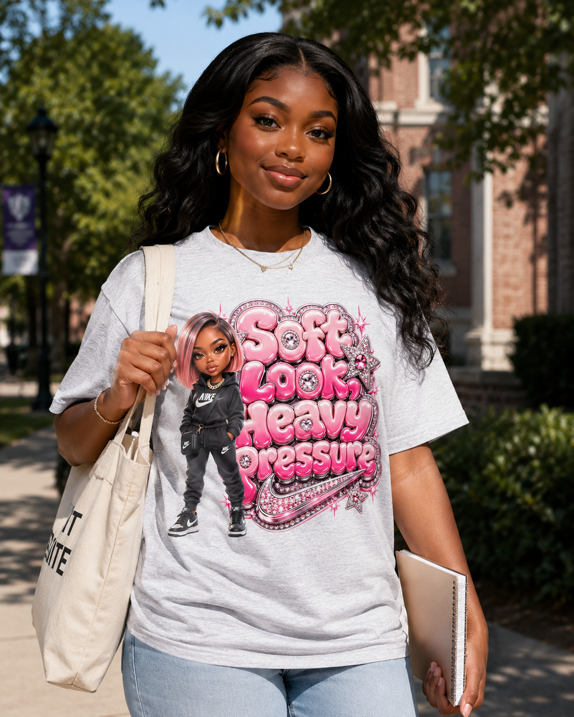 Soft Look Heavy Pressure Graphic Tee — Character Pink Bubble Text
