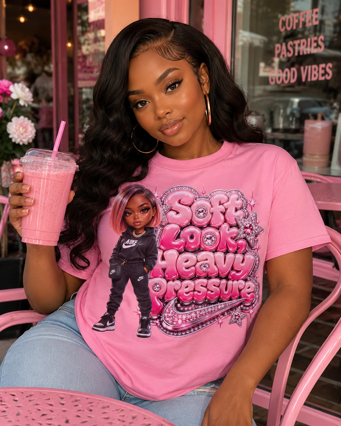 Soft Look Heavy Pressure Graphic Tee — Character Pink Bubble Text