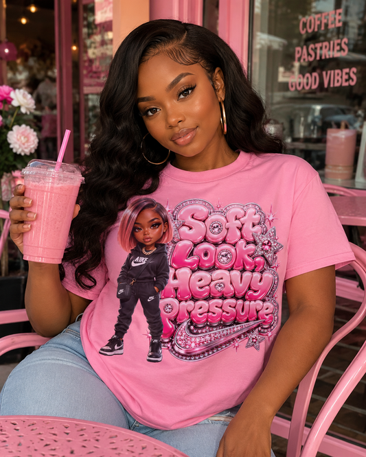 Soft Look Heavy Pressure Graphic Tee — Character Pink Bubble Text