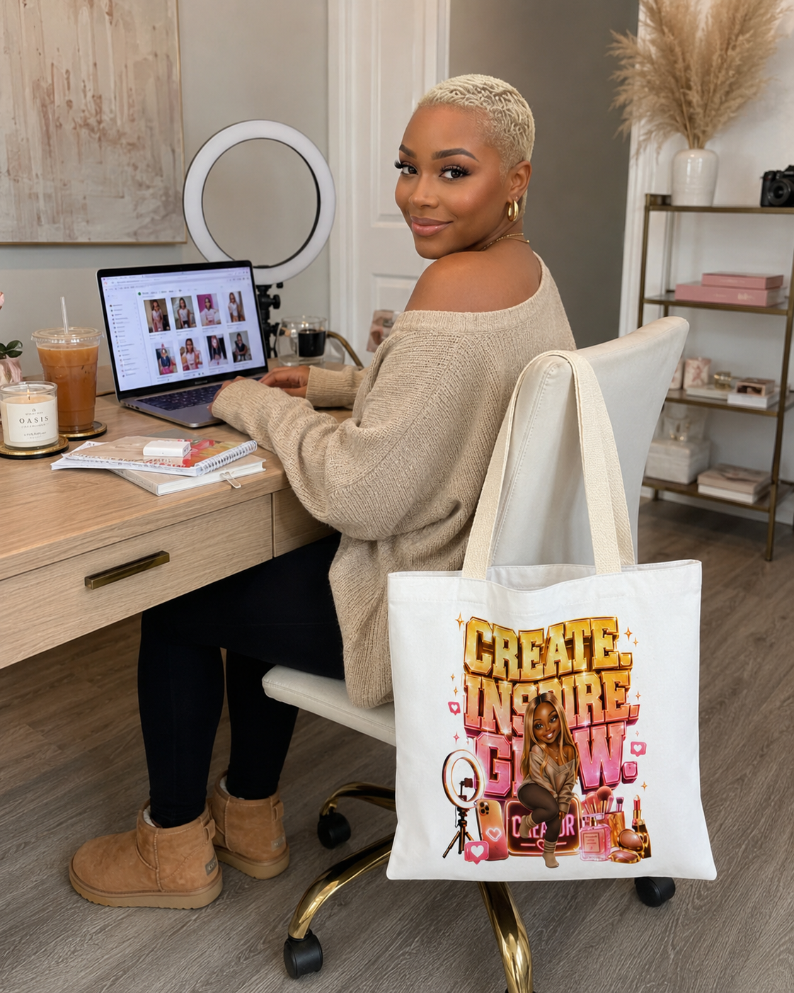 Tote Bag — "Create Inspire Glow" Motivational Beauty Artist Tote