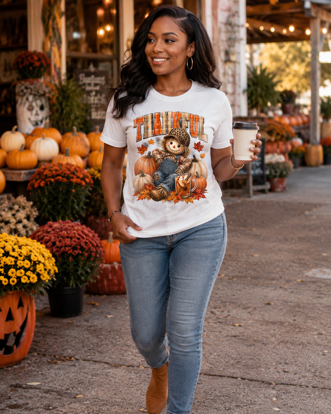Thankful Scarecrow Pumpkin Tee — Fall/Thanksgiving Graphic T-Shirt