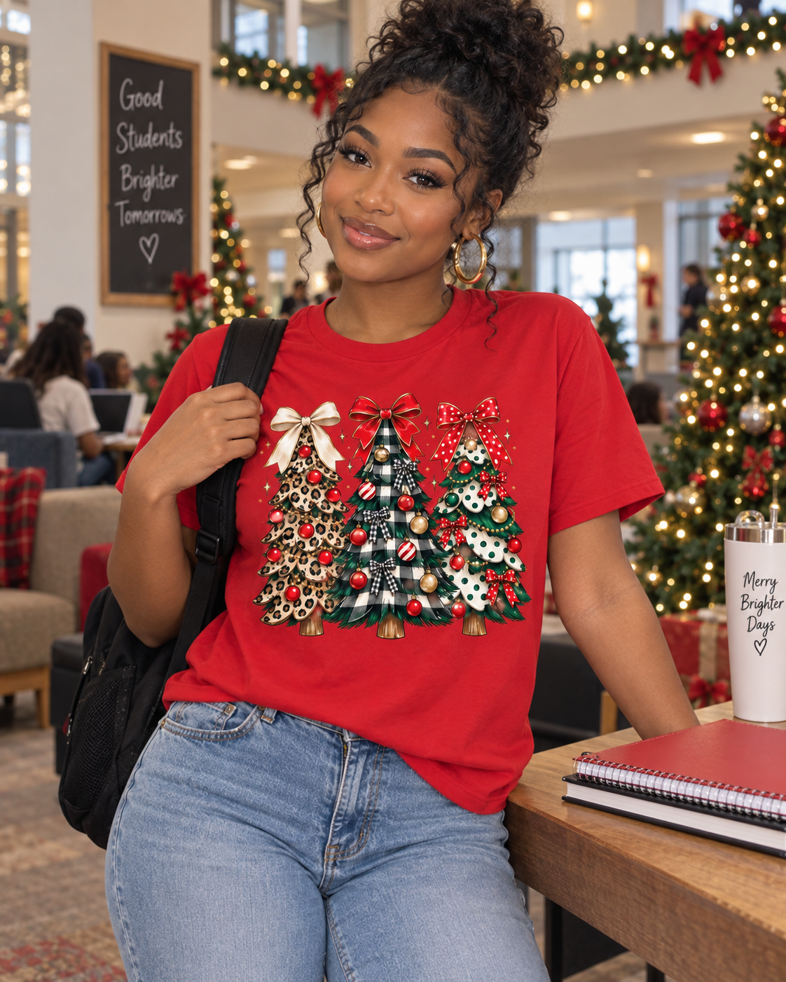 Christmas Tree Trio Tee — Leopard, Plaid & Ornaments Holiday T-Shirt