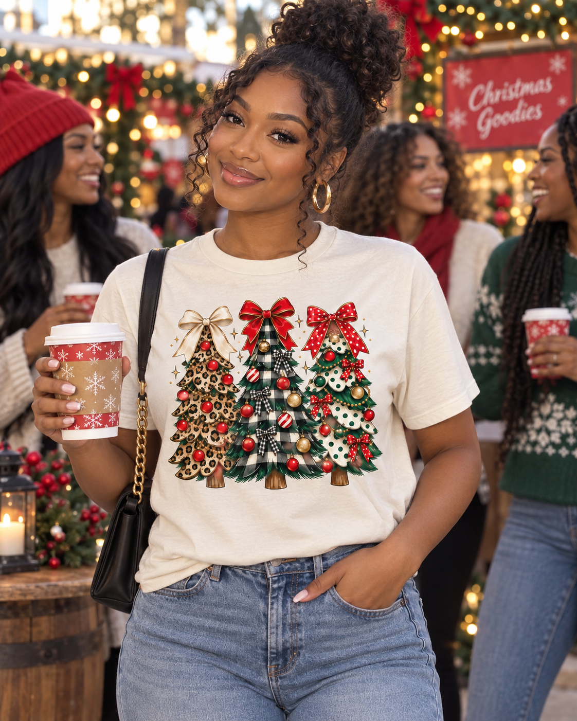 Christmas Tree Trio Tee — Leopard, Plaid & Ornaments Holiday T-Shirt