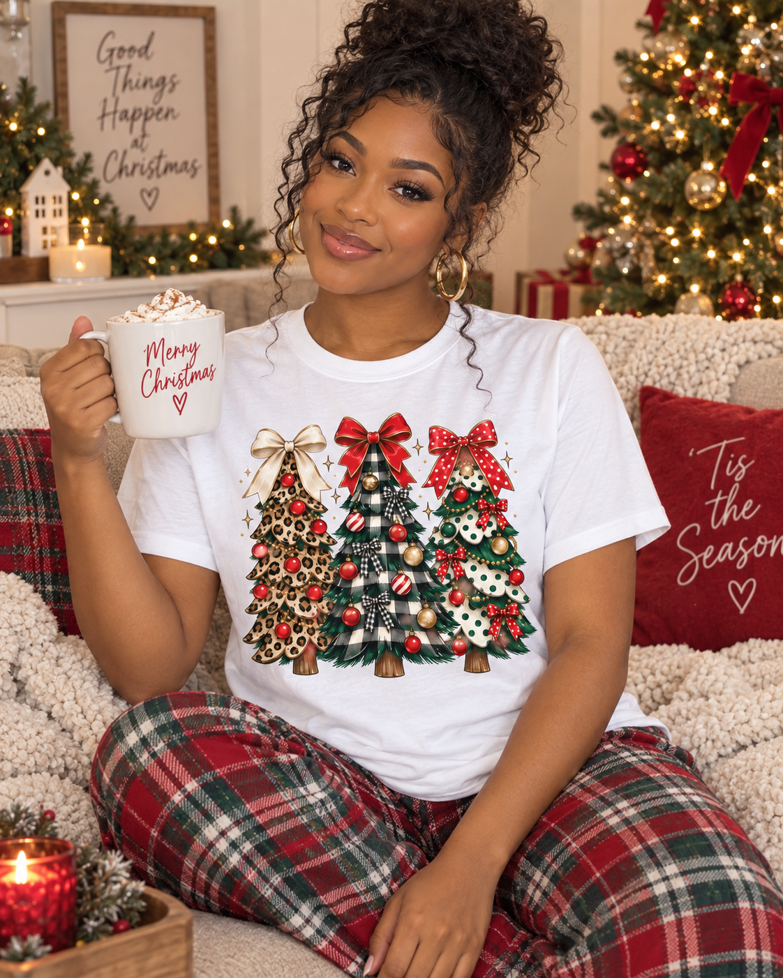 Christmas Tree Trio Tee — Leopard, Plaid & Ornaments Holiday T-Shirt