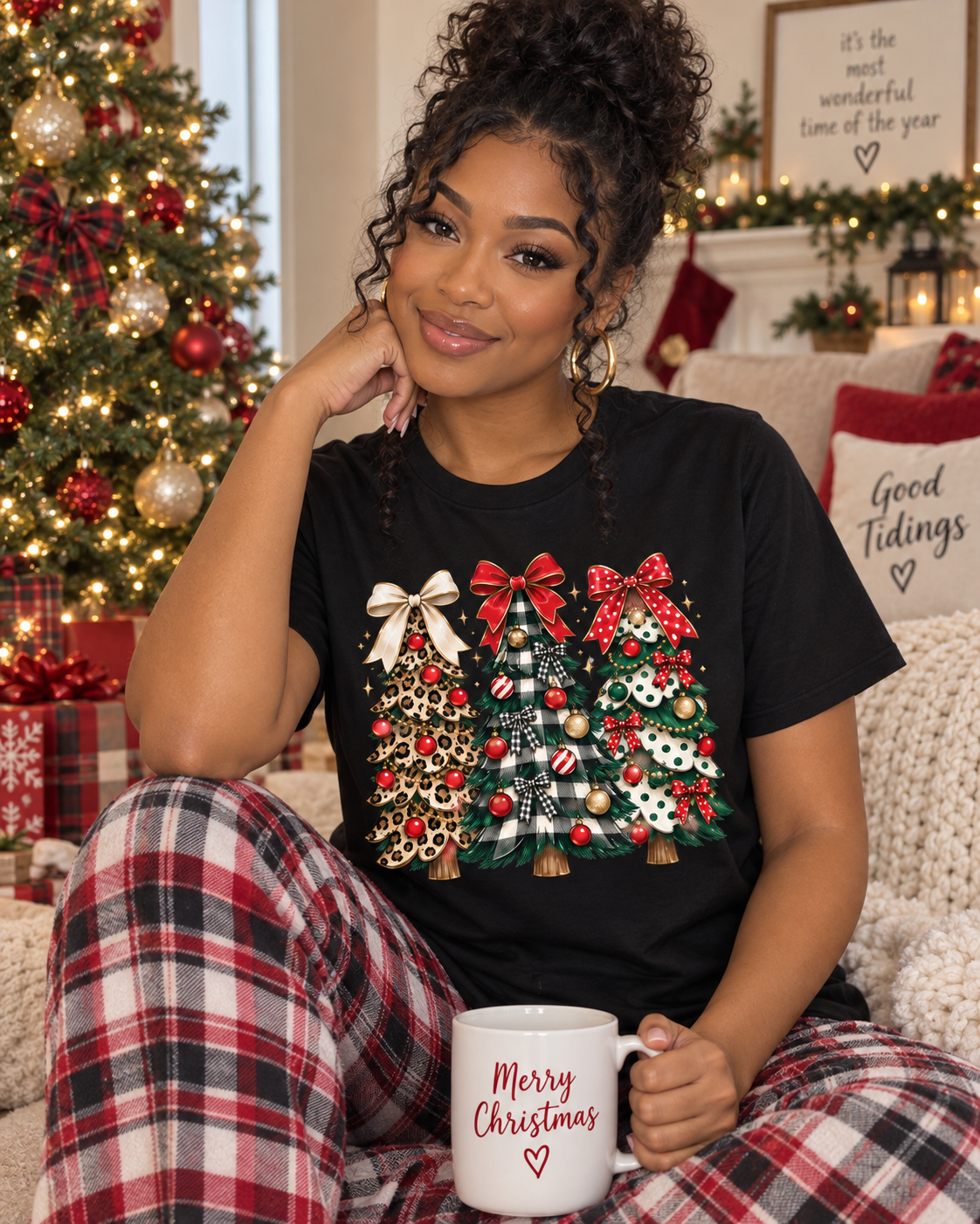 Christmas Tree Trio Tee — Leopard, Plaid & Ornaments Holiday T-Shirt