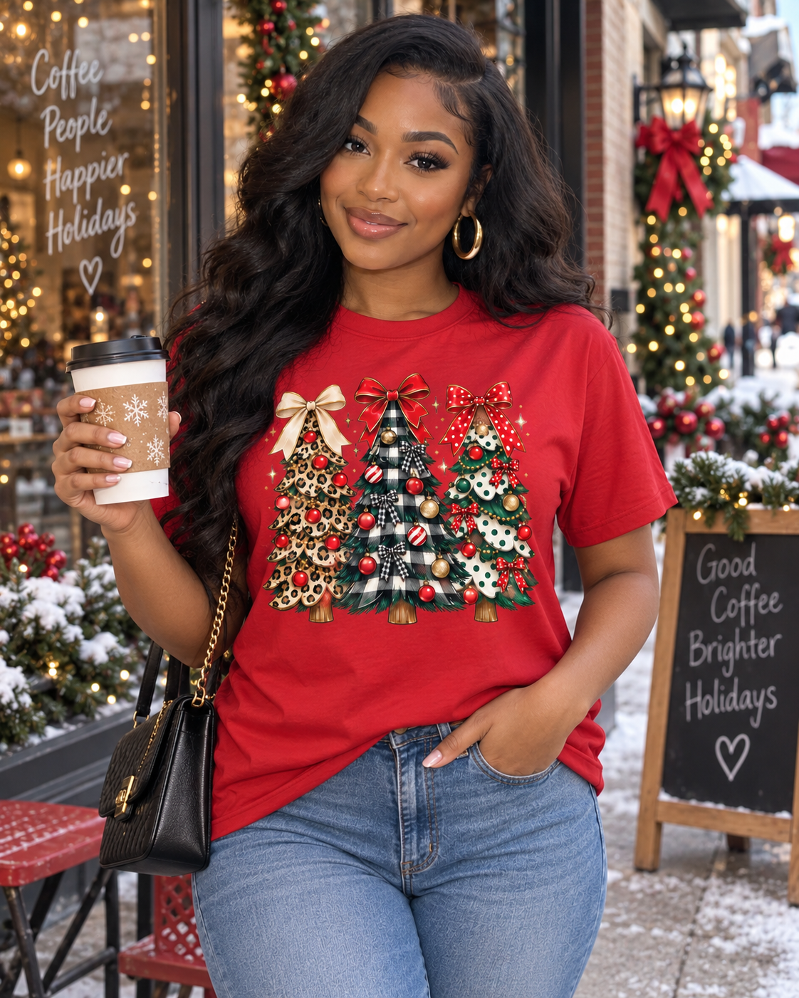 Christmas Tree Trio Tee — Leopard, Plaid & Ornaments Holiday T-Shirt