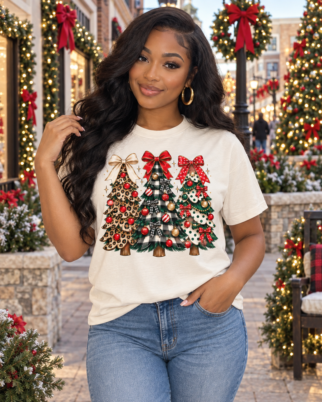 Christmas Tree Trio Tee — Leopard, Plaid & Ornaments Holiday T-Shirt