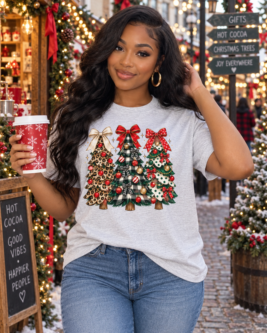 Christmas Tree Trio Tee — Leopard, Plaid & Ornaments Holiday T-Shirt