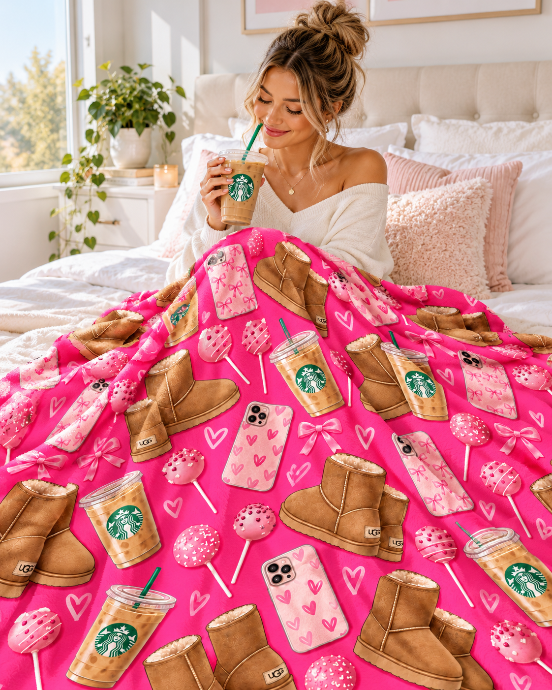Pretty N Pink Blanket — Cozy Pink Pattern with Ugg Boots, Starbucks Cups & Heart Phone Cases (Valentine’s Gift)