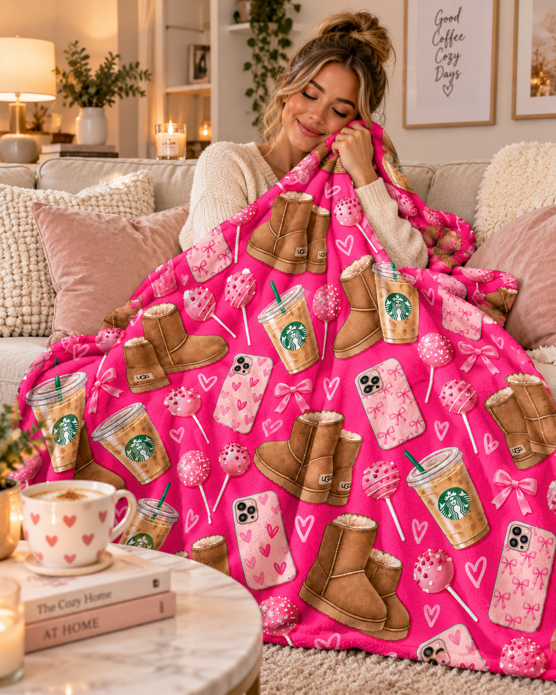 Pretty N Pink Blanket — Cozy Pink Pattern with Ugg Boots, Starbucks Cups & Heart Phone Cases (Valentine’s Gift)