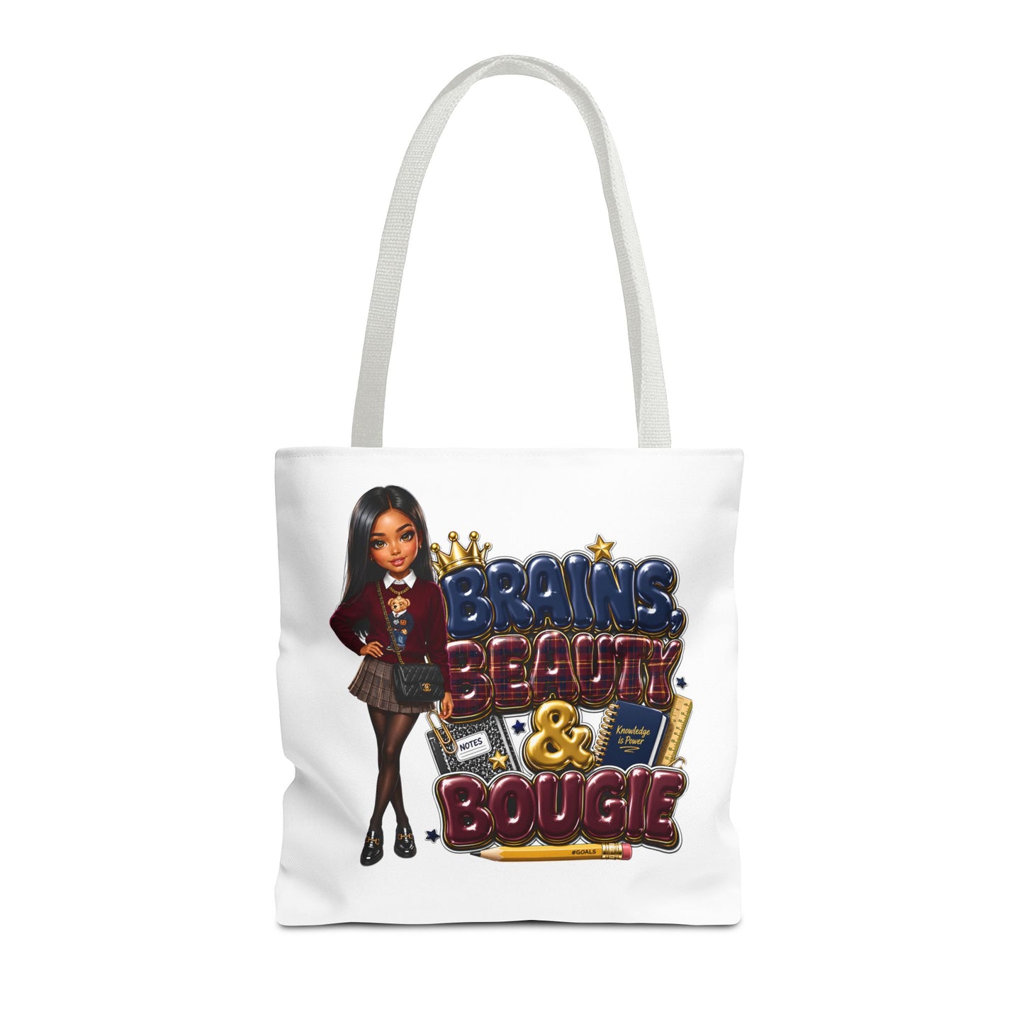 Brains, Beauty & Bougie Tote Bag — Chic Schoolgirl AOP Canvas Tote