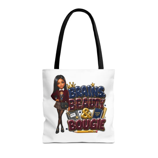 Brains, Beauty & Bougie Tote Bag — Chic Schoolgirl AOP Canvas Tote