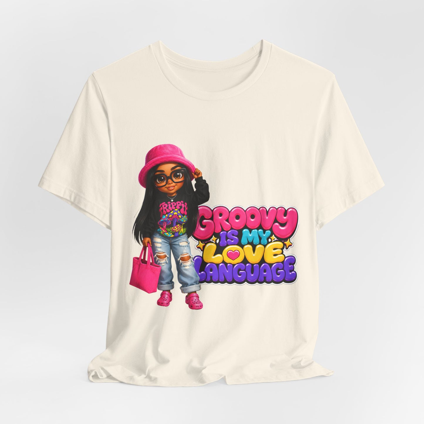 Groovy Is My Love Language T‑Shirt — Retro 70s Afro Girl Graphic Tee