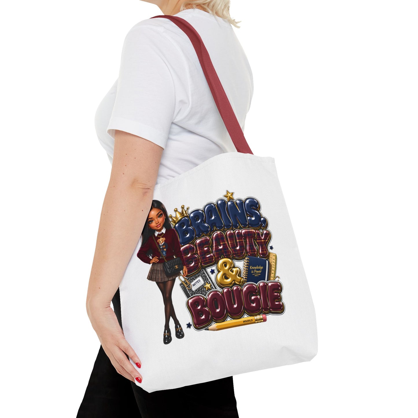 Brains, Beauty & Bougie Tote Bag — Chic Schoolgirl AOP Canvas Tote