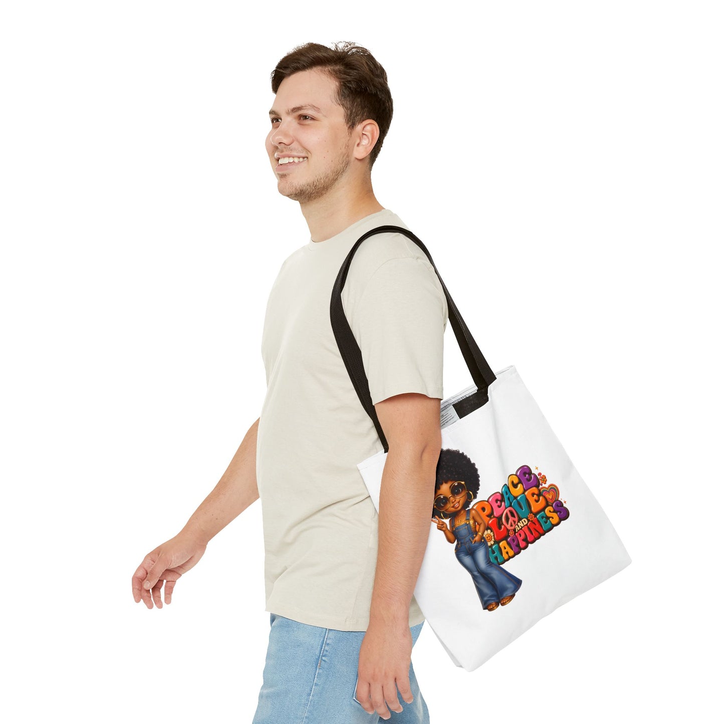 Peace Love and Happiness Tote Bag — Retro 70s Afro Girl Graphic Tote