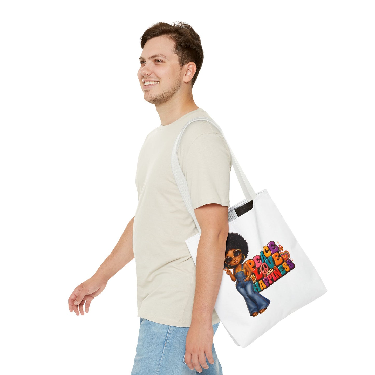 Peace Love and Happiness Tote Bag — Retro 70s Afro Girl Graphic Tote